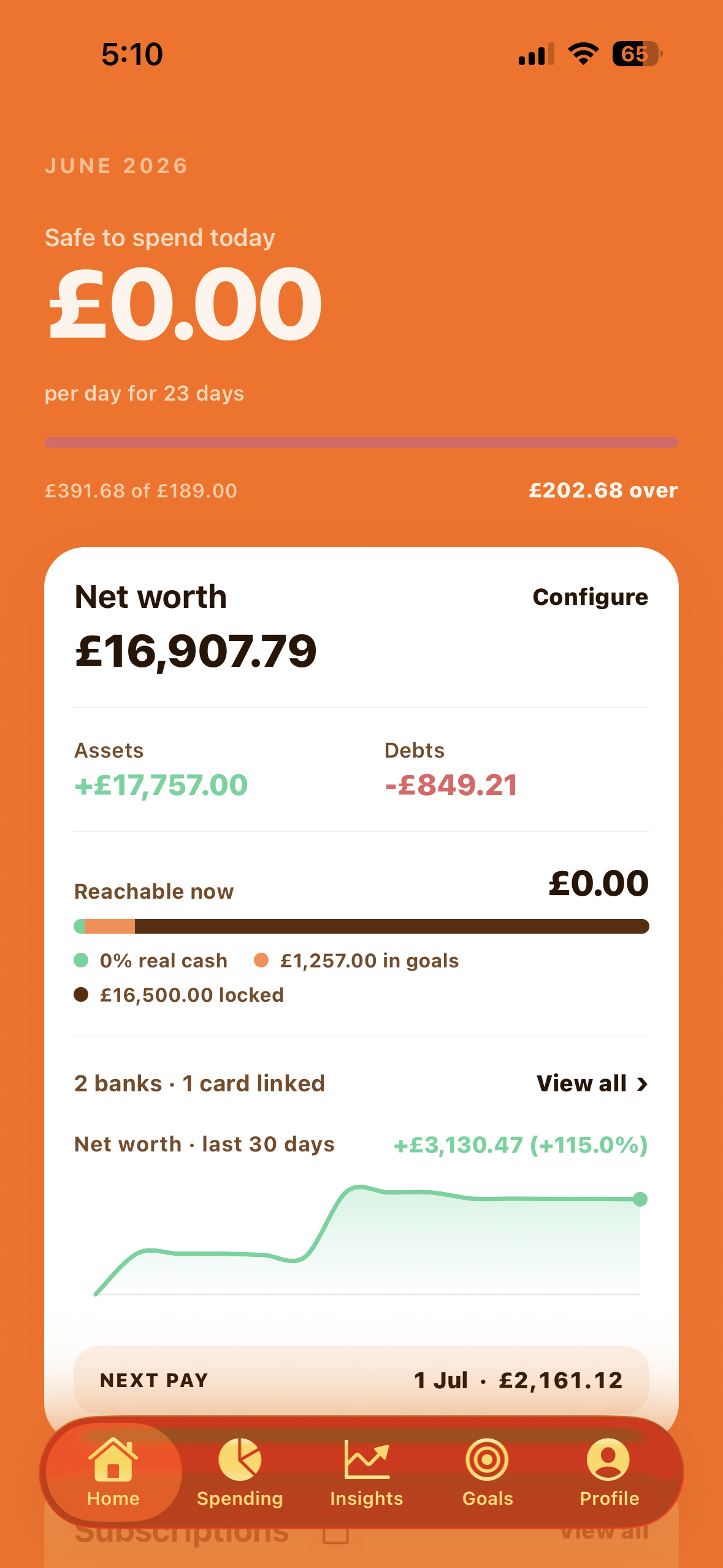 Gibbon home screen showing safe to spend and net worth