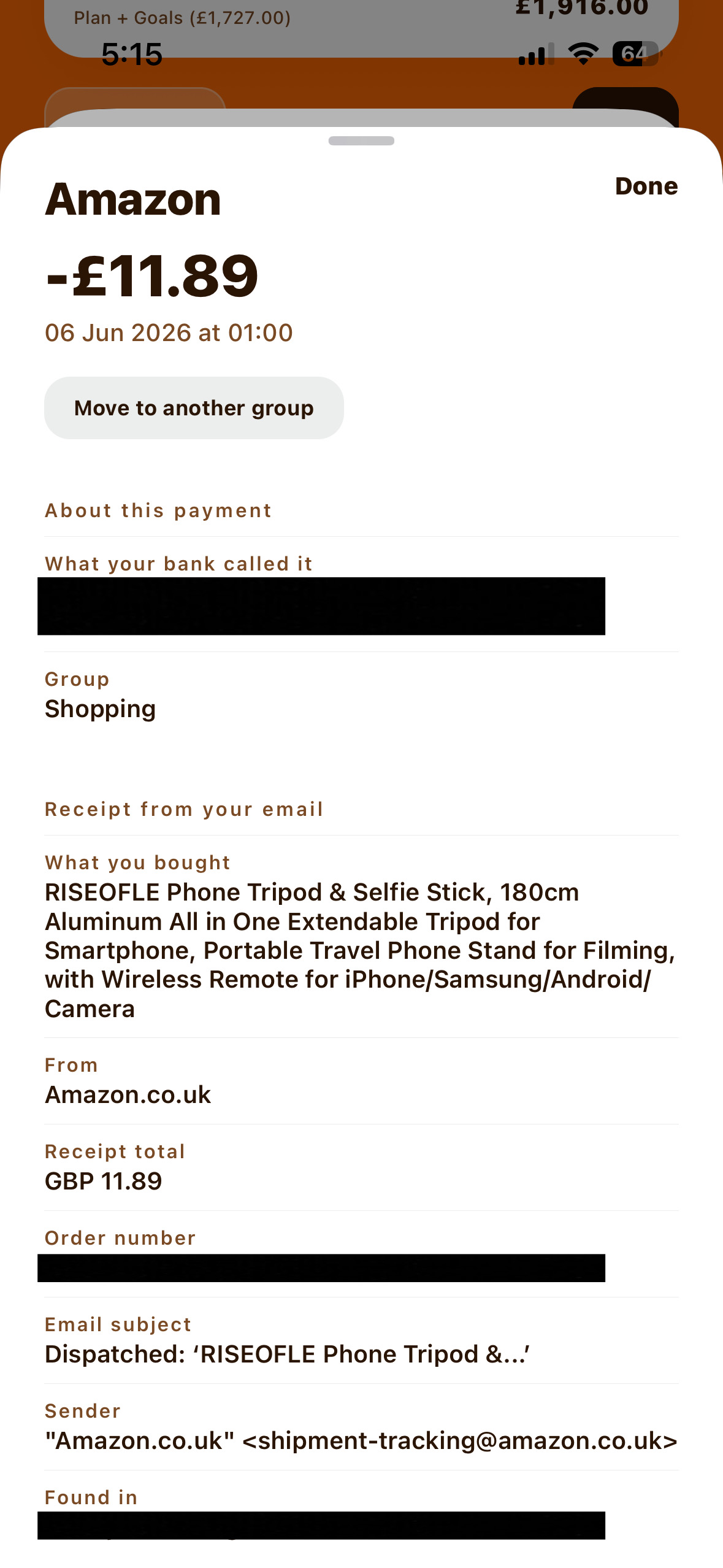 Transaction detail showing the matched email receipt