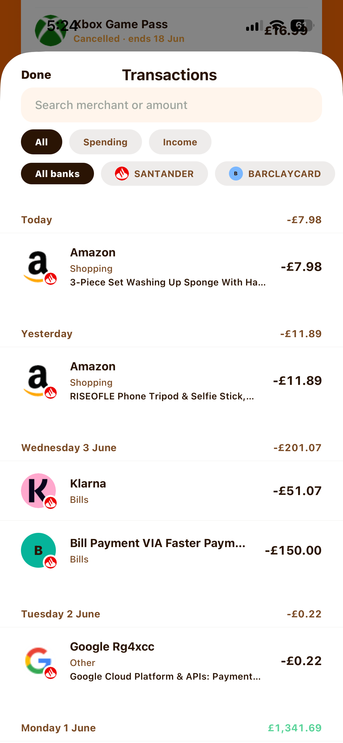 Transactions with search and bank filters